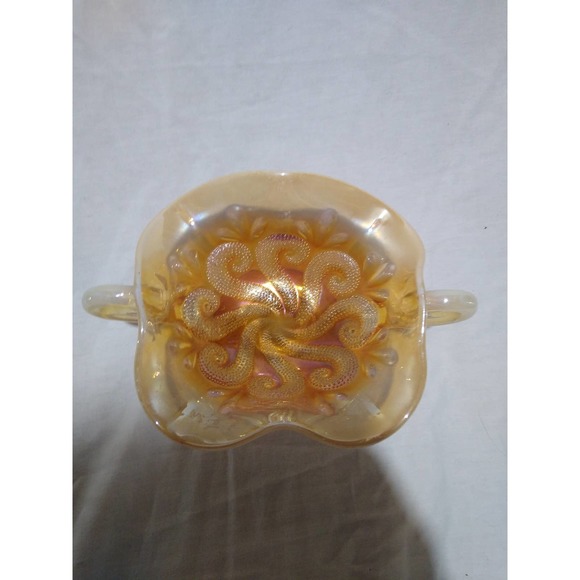 Dugan peach marigold question mark carnival glass footed bon bon with handles - Picture 3 of 7
